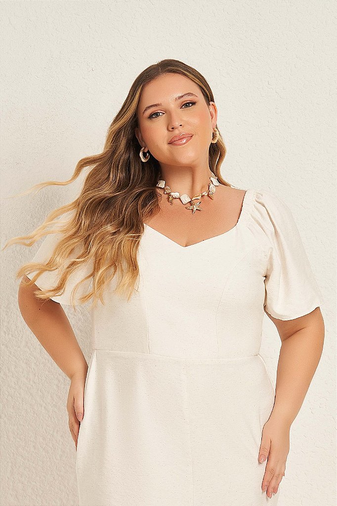 Vestido Plus Size Midi Cru Em Marant Linên Com Fenda Frontal