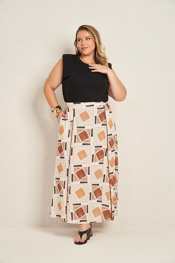 Saia Plus Size Maxi Midi Estampada Em Viscose Com Vivo Marrom