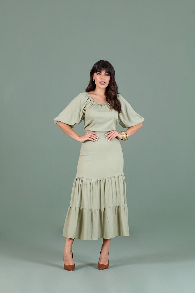 Vestido Maxi Midi Verde Em Viscose De Manga 3/4 Três Marias Hadaza