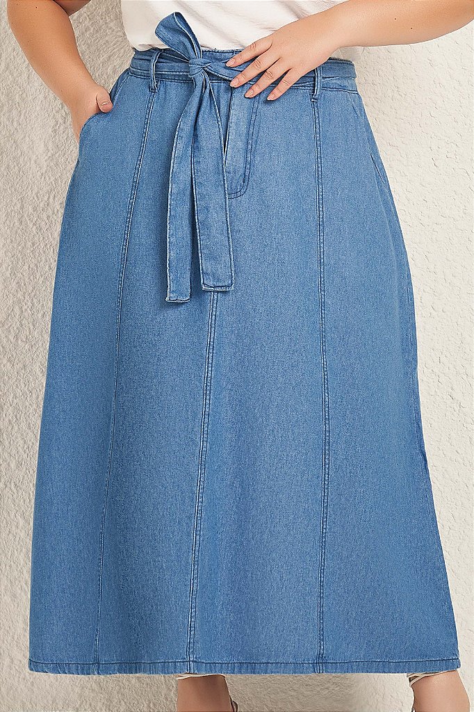 Saia Plus Size Maxi Midi Jeans Com Bolsos Frontais E Faixa