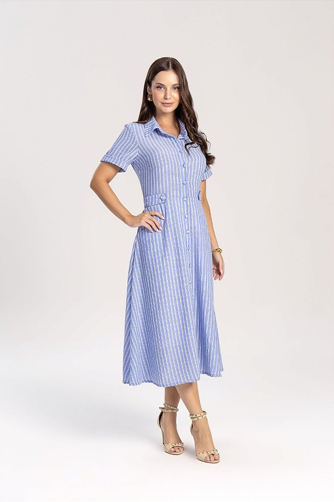 Vestido Chemise Midi 115 Cm Listrado De Azul E Off White Laura