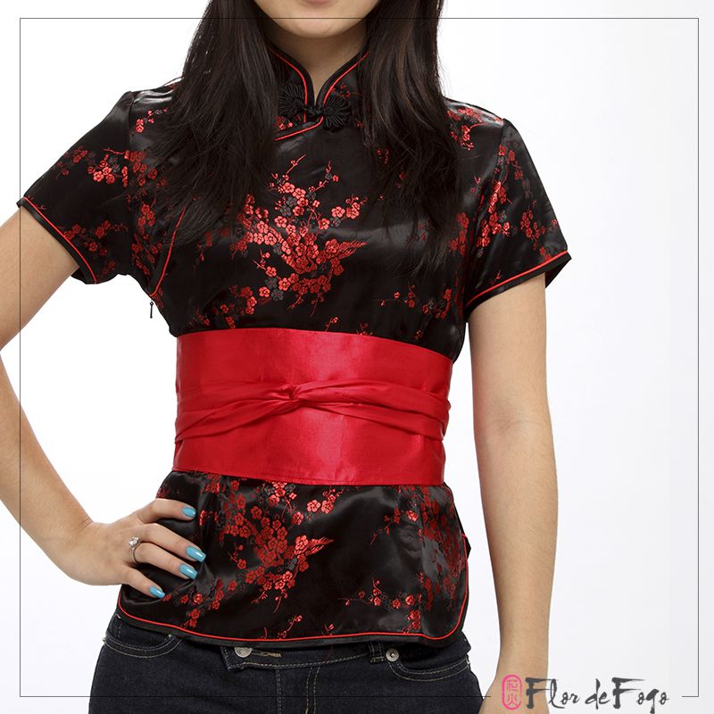 Blusinha Chinesa Cerejeira Preto c/ Vermelho - Flor de Fogo Kimonos