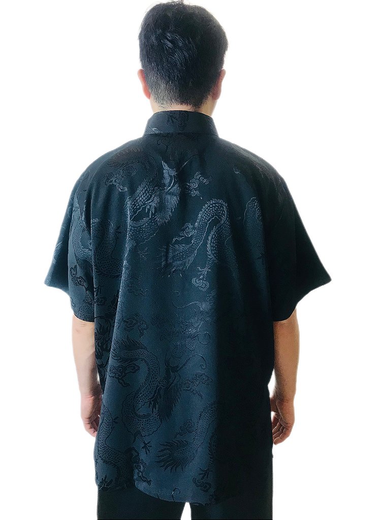 Camisa Chinesa Preta Flor de Fogo Kimonos