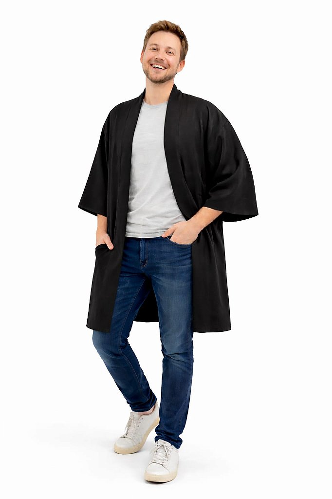 Haori Unissex Algodão Preto - Flor de Fogo Kimono