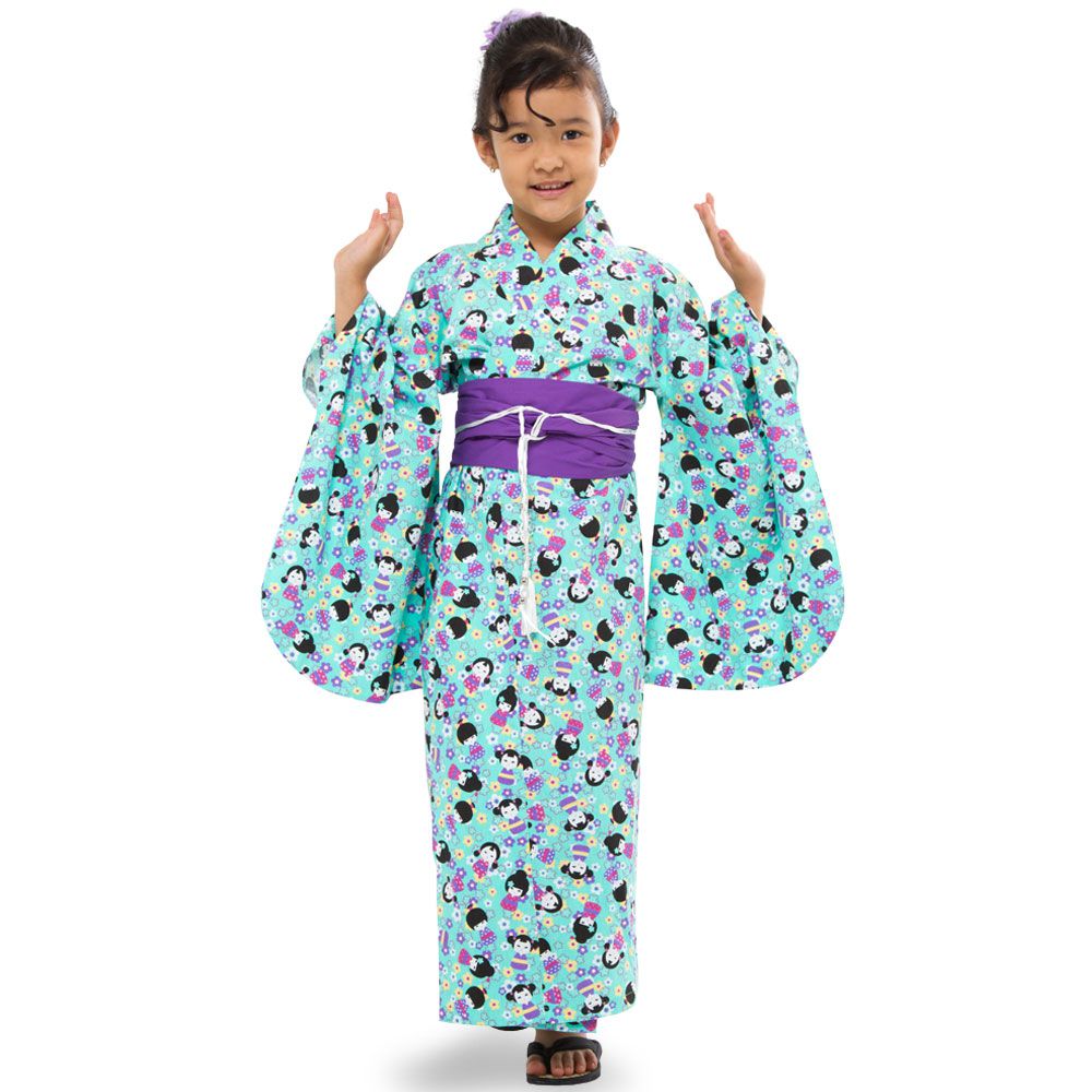 Kimono Infantil Algodão Kokeshi Verde - Flor de Fogo Kimonos