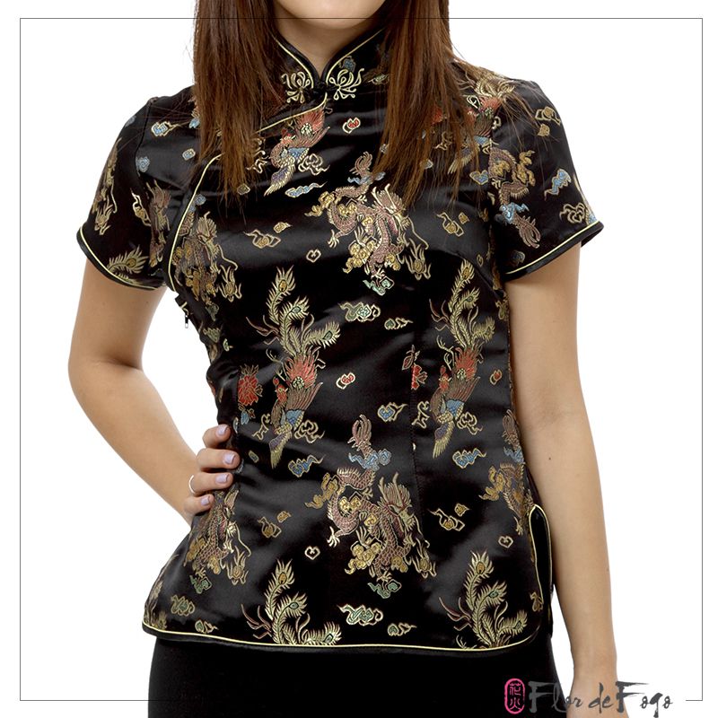 Blusinha Chinesa Dragão e Fênix Preto Flor de Fogo Kimono