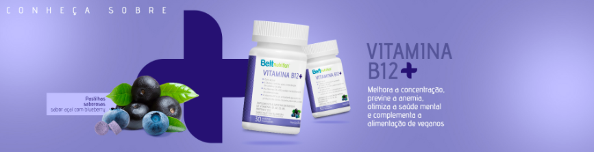 Banner do Belt Vitamina B12+ com uma imagem do produto ao lado de um texto com suas características.