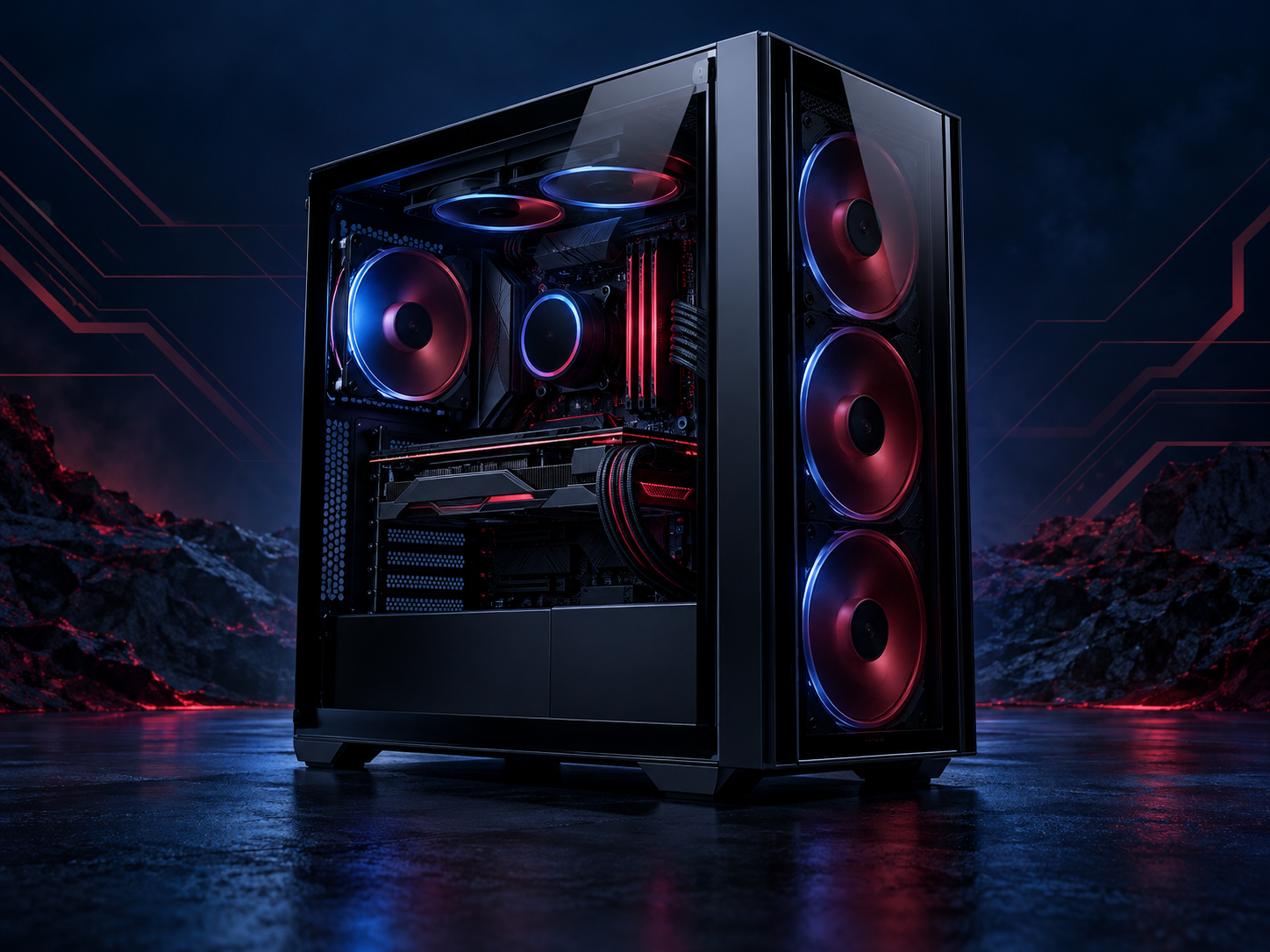 PC Gamer com iluminação azul e vinho