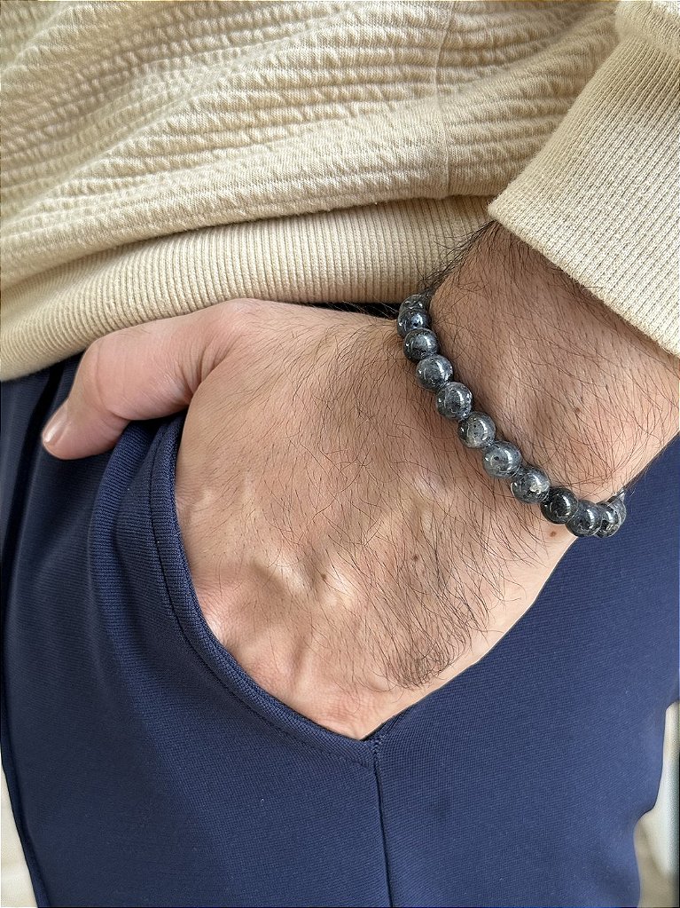 Pulseira Masculina De Bolinha Pedras Naturais Cinza Gelo 8mm