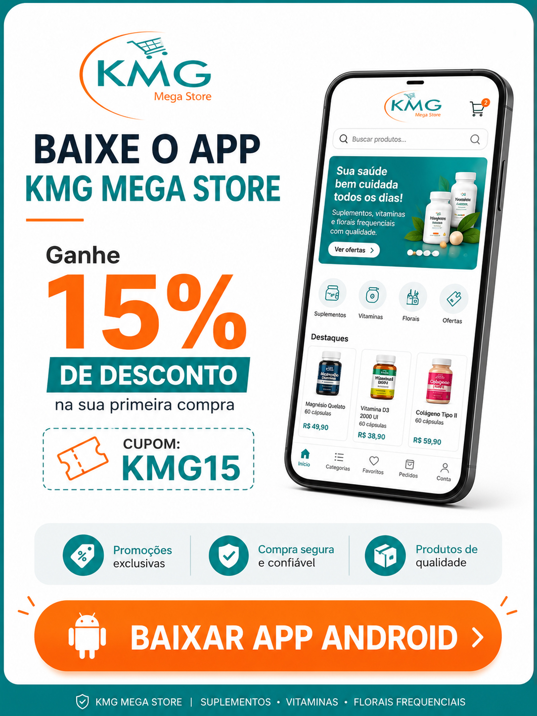Popup promocional da KMG Megastore: Baixe o aplicativo oficial na Google Play e ganhe um cupom de desconto exclusivo