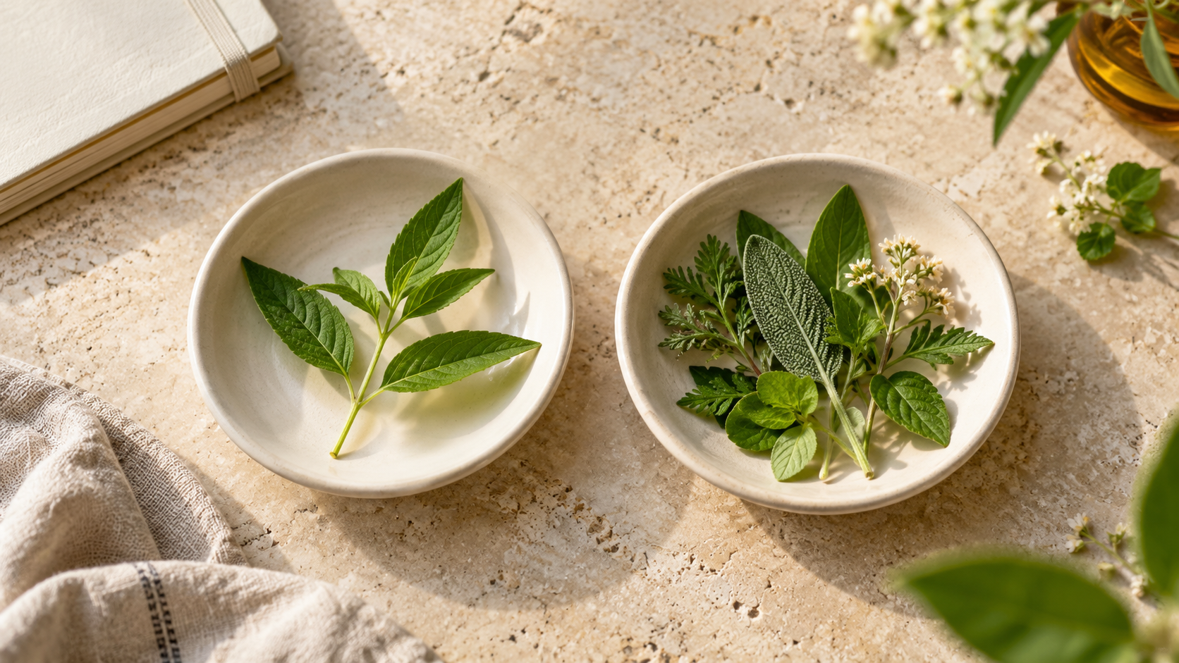 Duas tigelas de cerâmica: uma com um ramo de folhas e outra com diferentes plantas.