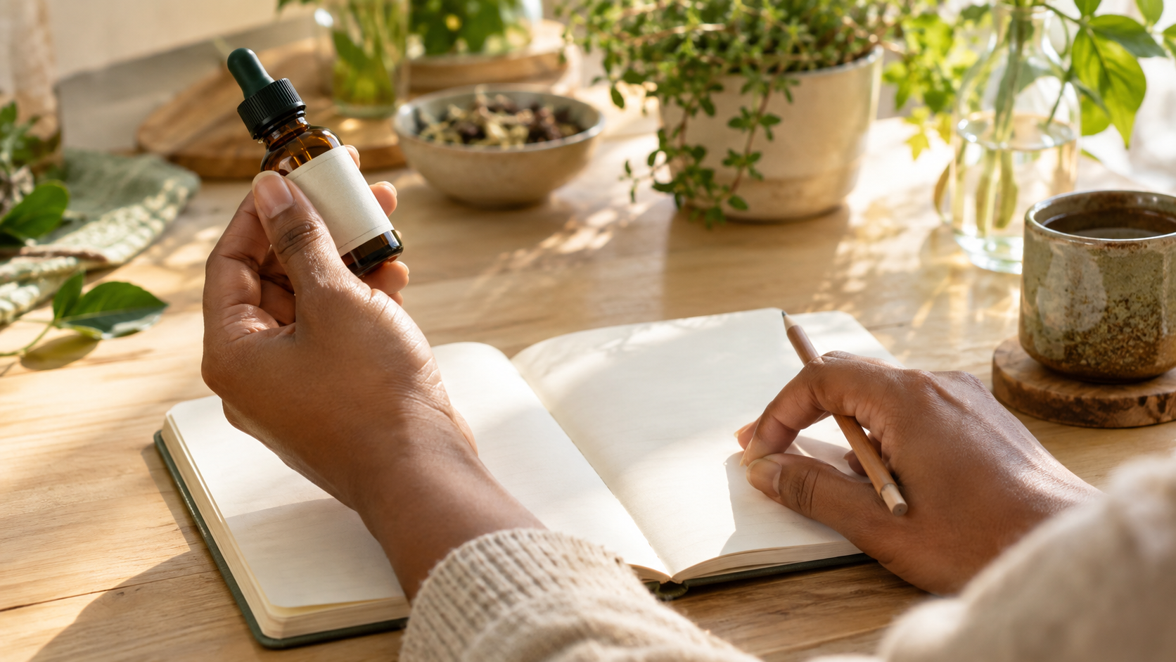 Mãos segurando um frasco âmbar fechado, ao lado de um caderno para anotações.