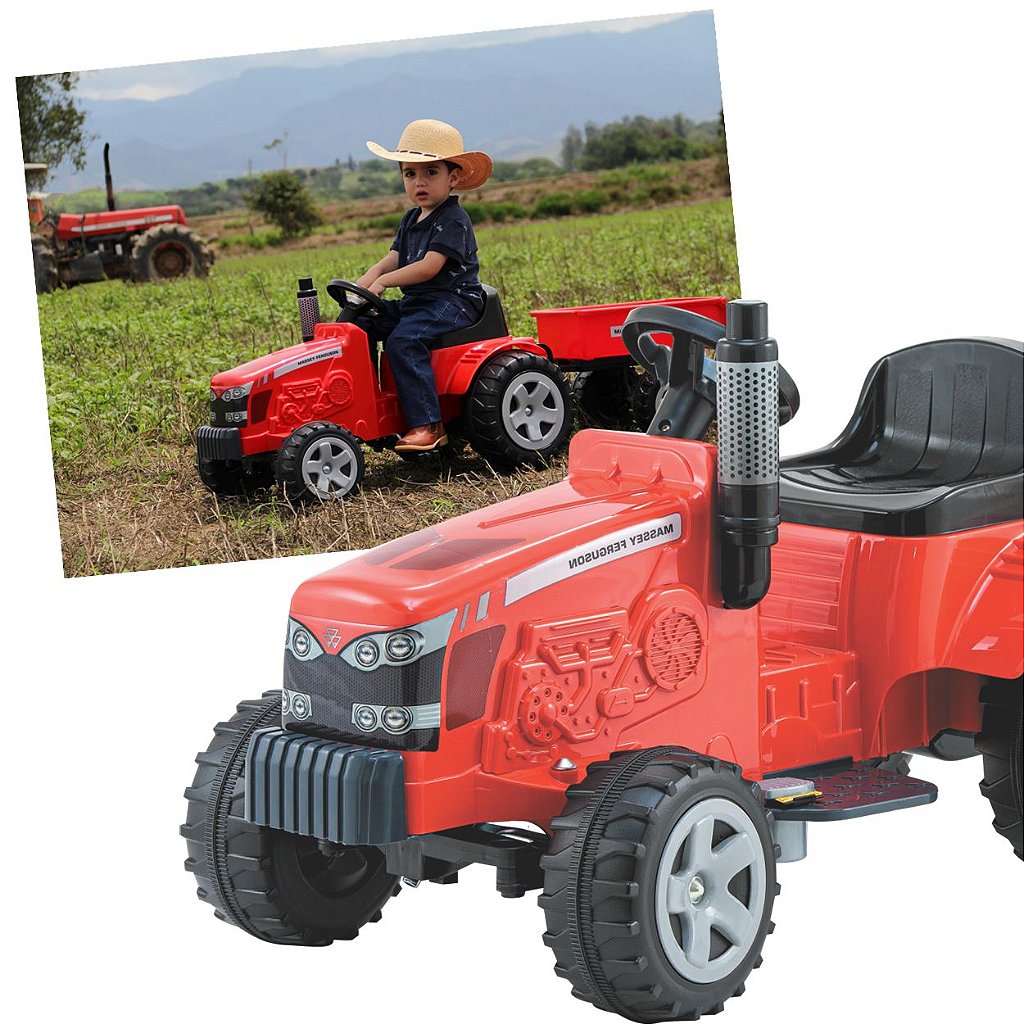 Carrinho Infantil Passeio Trator Elétrico Massey Ferguson 6V - Com Caçamba  - Biemme - Vermelho
