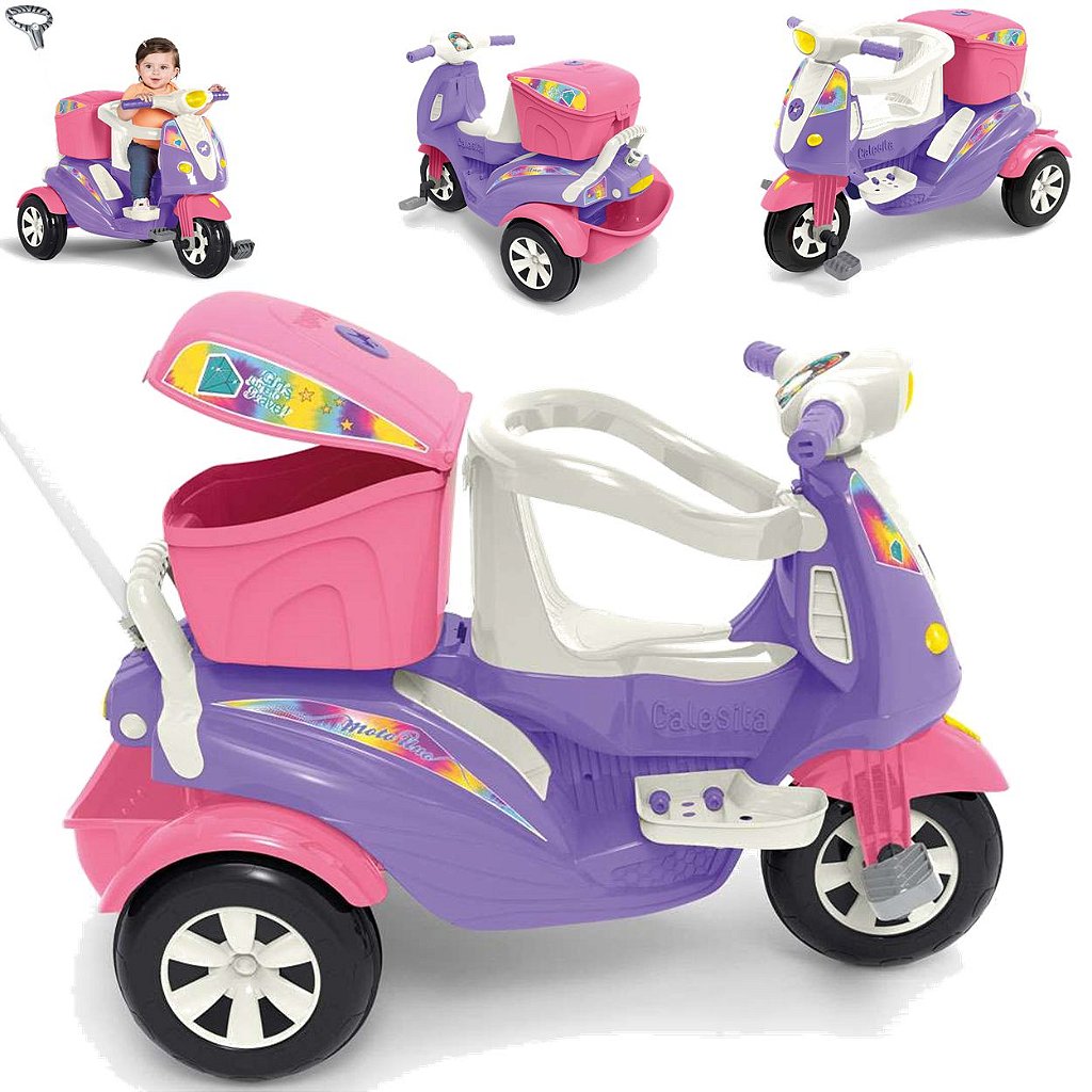 Triciclo de Passeio e Pedal para Bebe Calesita Moto Uno Rosa