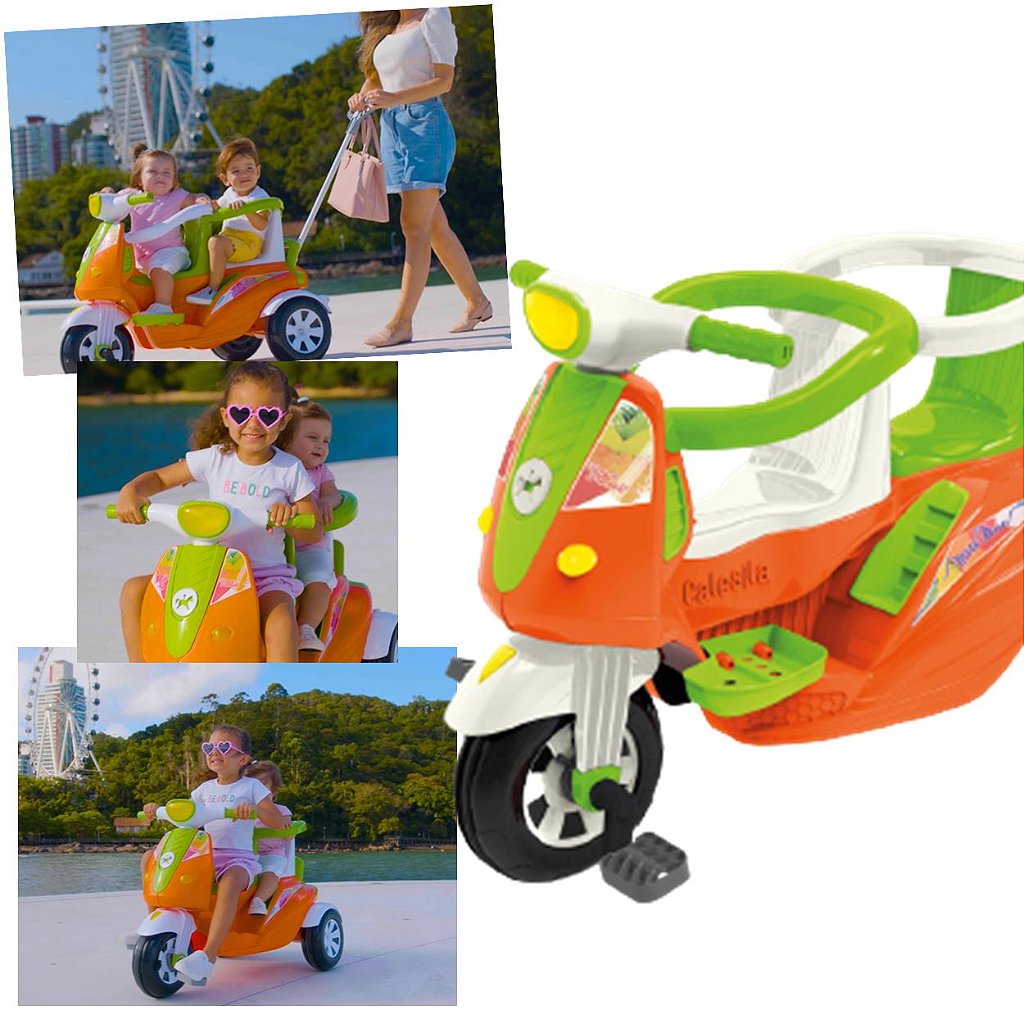 Triciclo Passeio/ Pedal Com 2 Lugares Moto Infantil Calesita Cor Verde E  Laranja