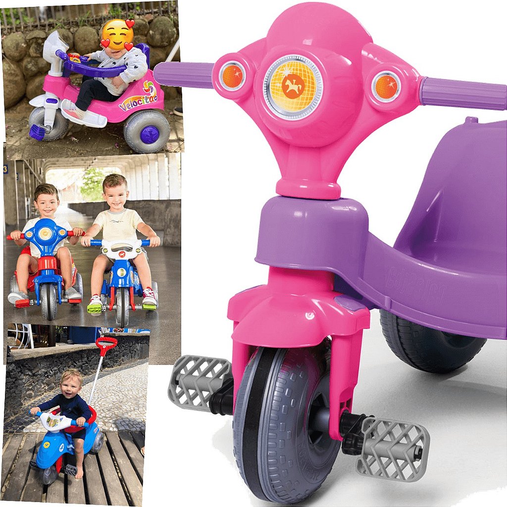 Triciclo de Passeio e Pedal para Bebe Calesita Moto Uno Rosa - Maçã Verde  Baby