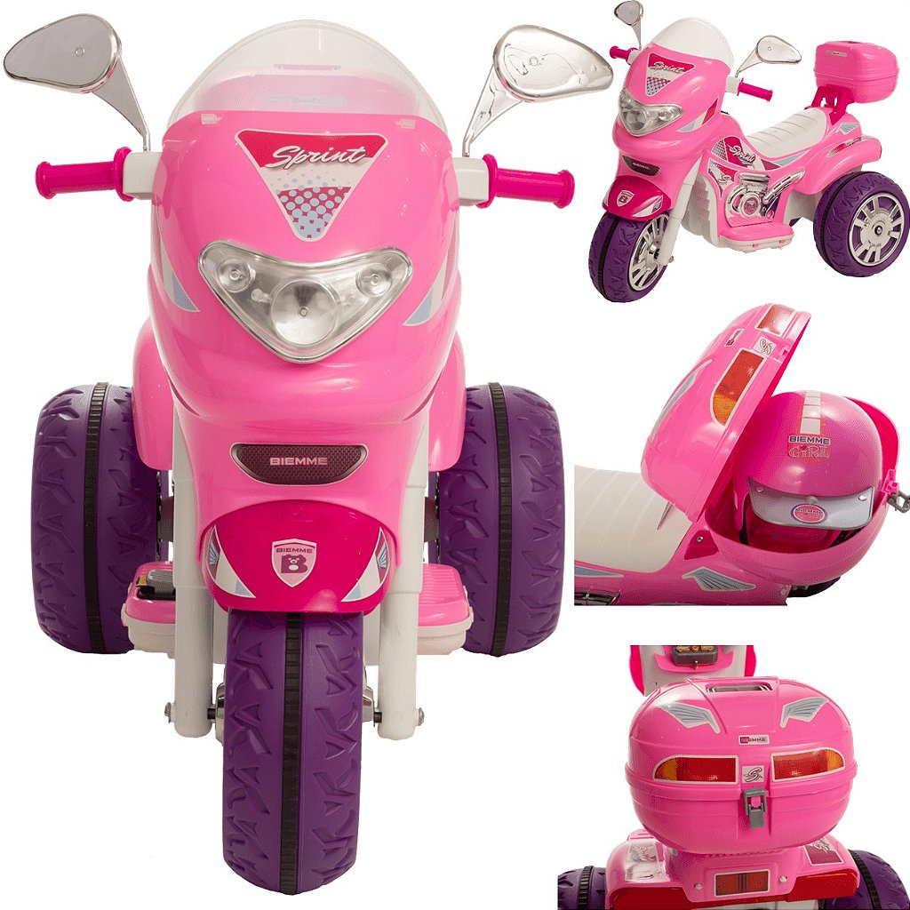 Moto Eletrica Infantil Sprint Turbo Biemme Rosa Pink 12V Capacete - Maçã  Verde Baby