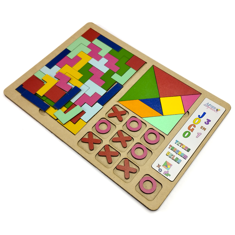 Brinquedo Educativo Tabuleiro 3 em 1 Tetris, Tangram e jogo da