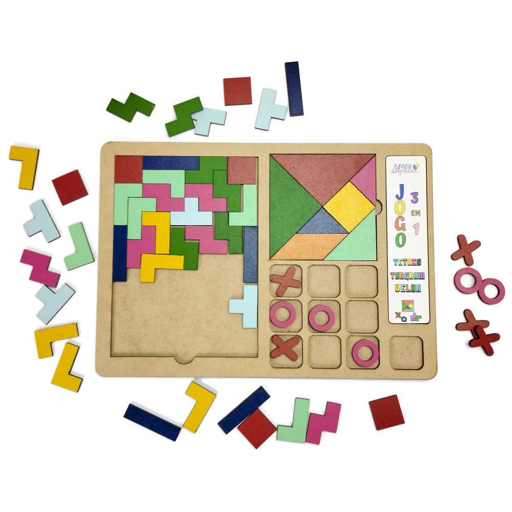 Brinquedo Educativo Tabuleiro 3 em 1 Tetris, Tangram e jogo da