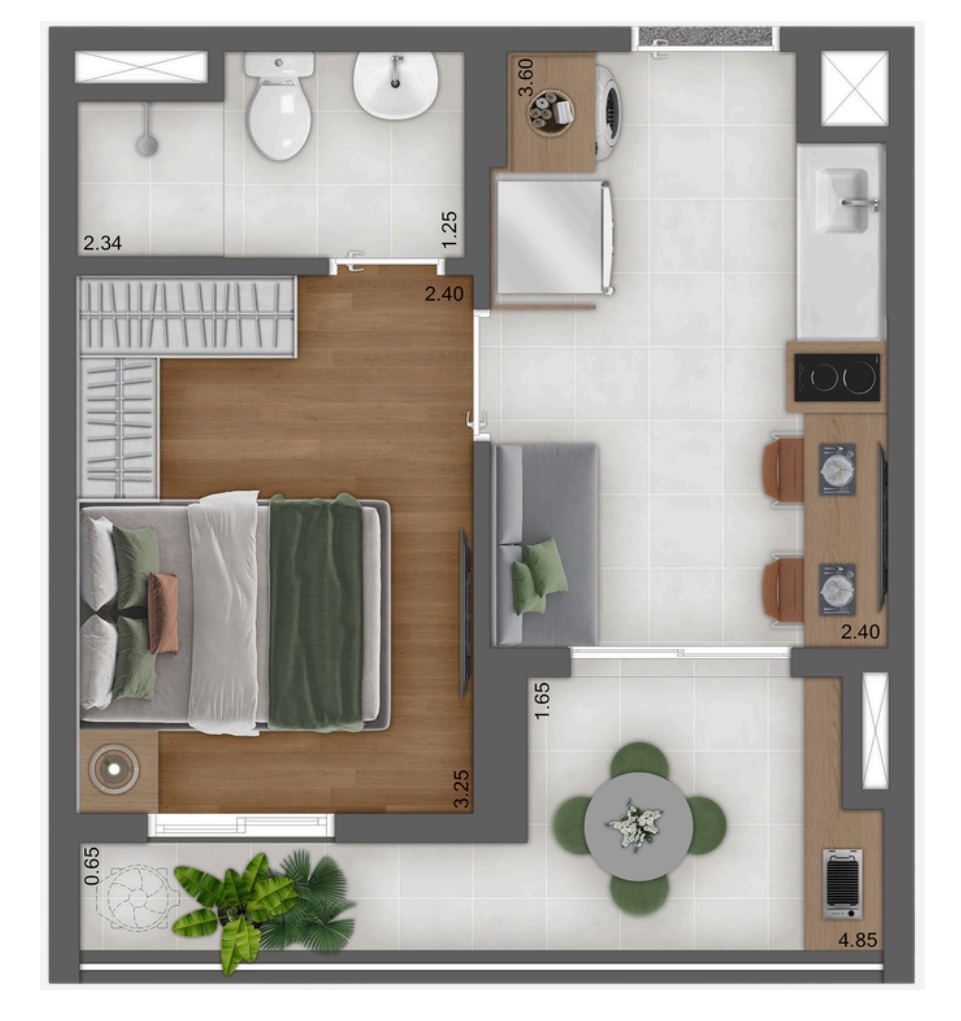 Planta 1 quarto - Tipo A - varanda maior