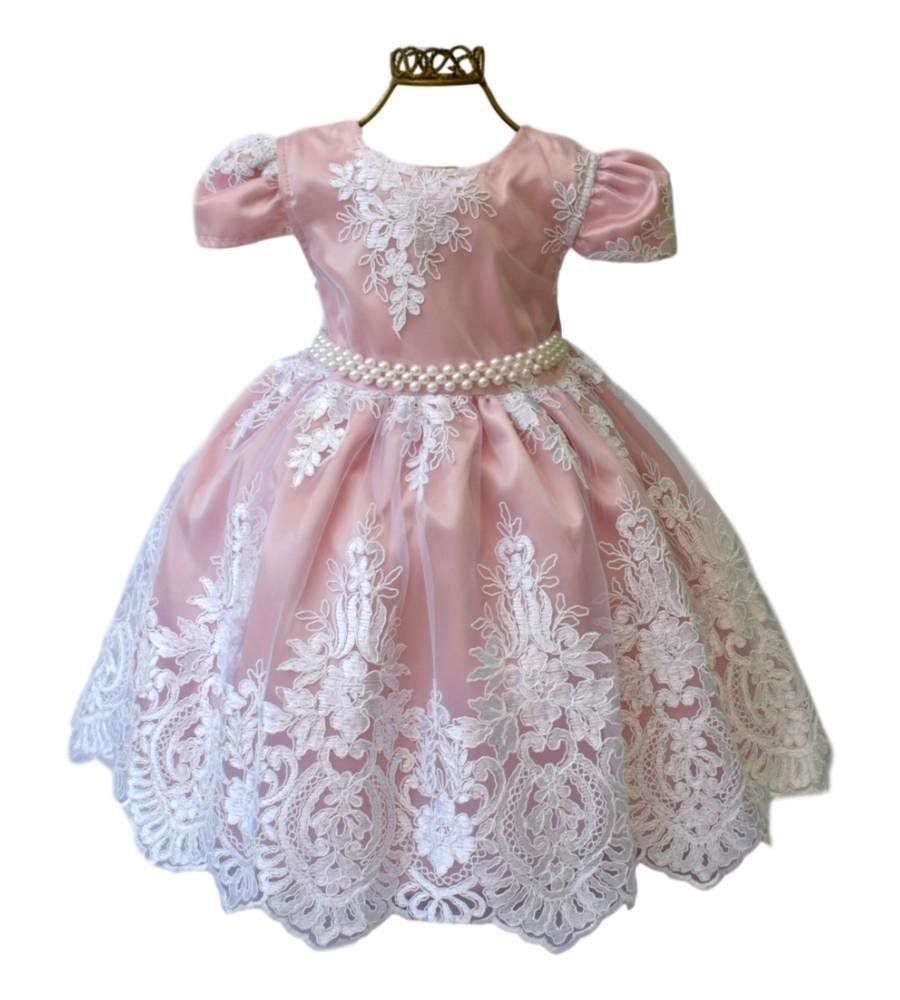 vestido infantil festa rose com a renda branca - Flor de Maria store