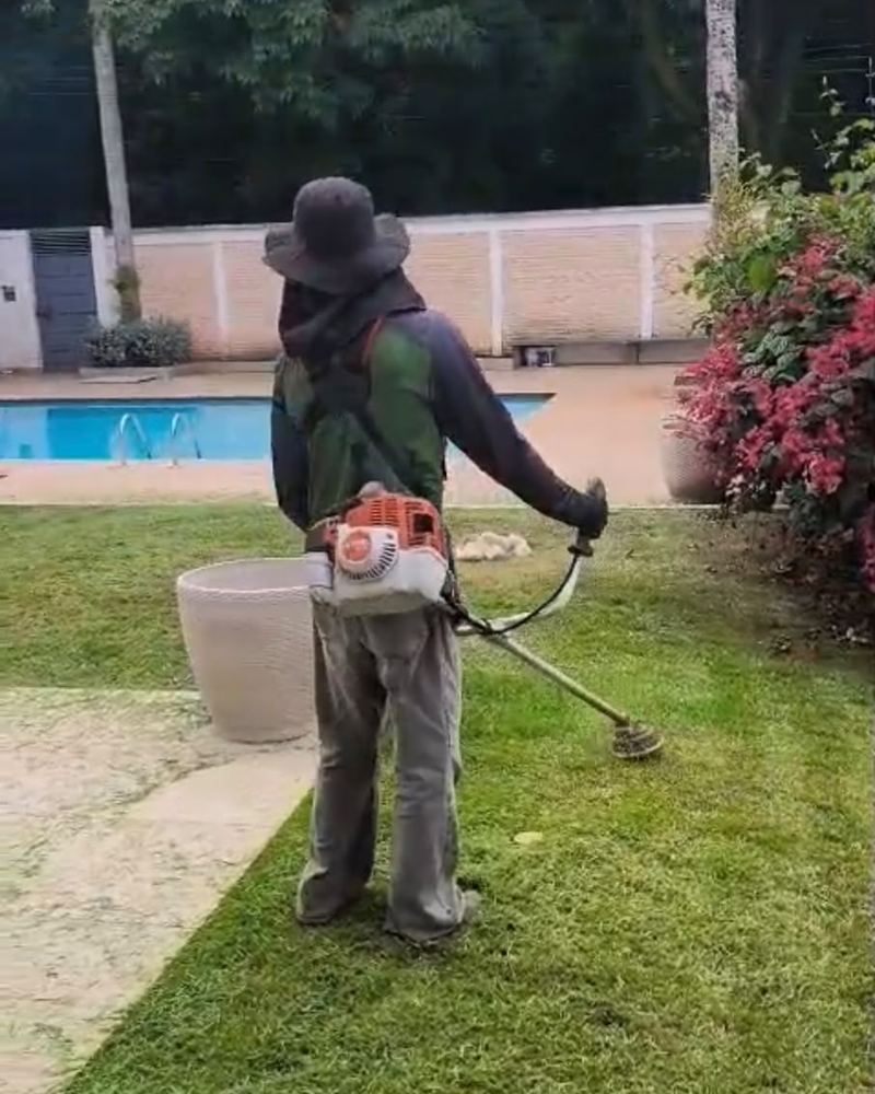 Roçada do gramado ao lado da piscina