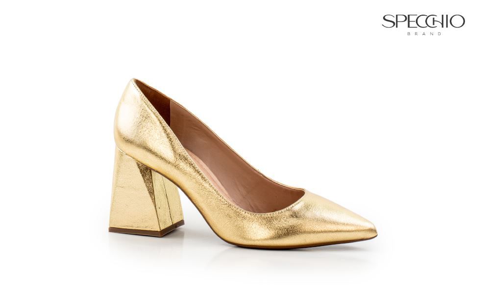 Scarpin Karina Metal Salto Bloco Momentos Specchio Brand Dourado