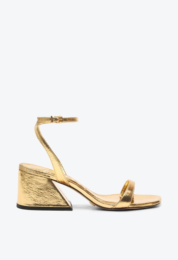 Sandália Patmos Salto Bloco Bico Quadrado Tiras Metalcolor Fivela