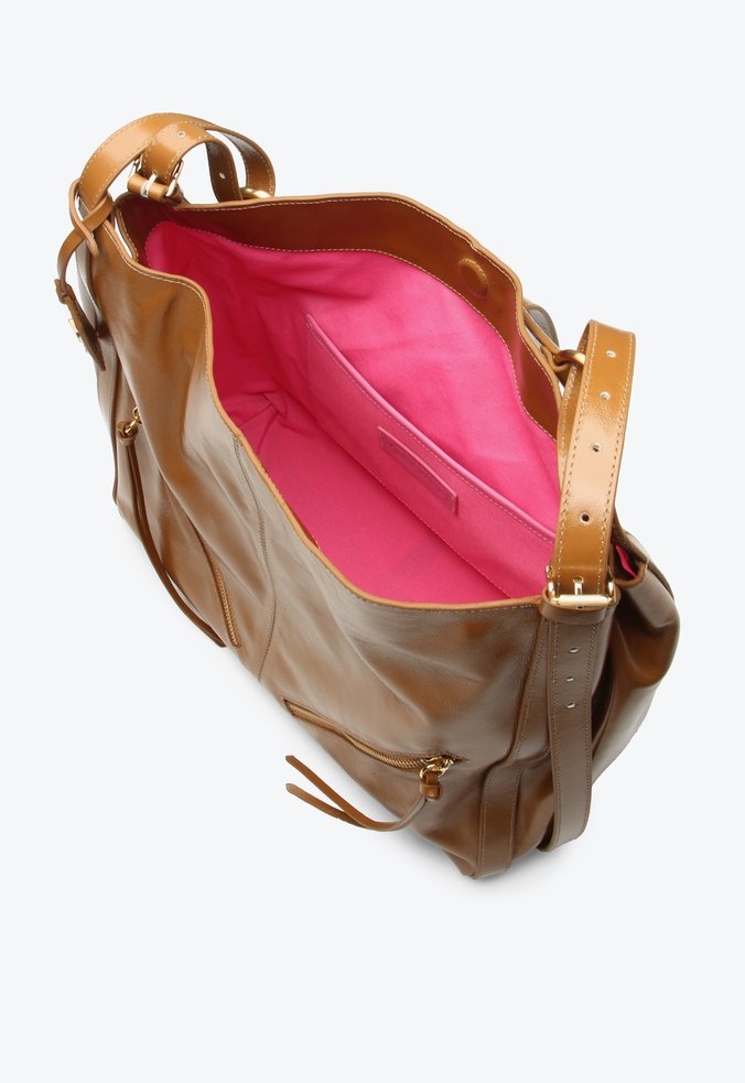 Bolsa Média Hobo Tiras Couro Alça Fivela Ziper Vicenza Camel