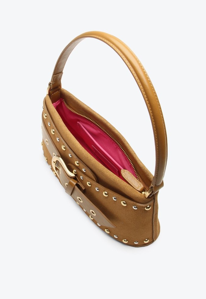 Bolsa Média Couro Camurça Rebite Fivela Ziper Shoulder Thaila