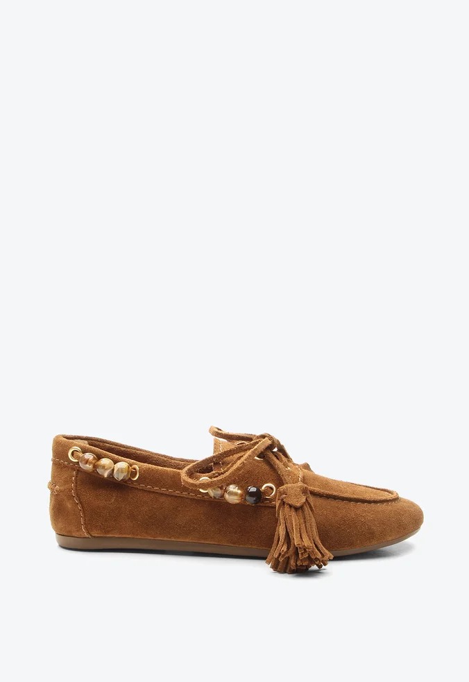 モカ Mocassim Harper Camurça Franja Cadarço Vicenza Camel - Specchio