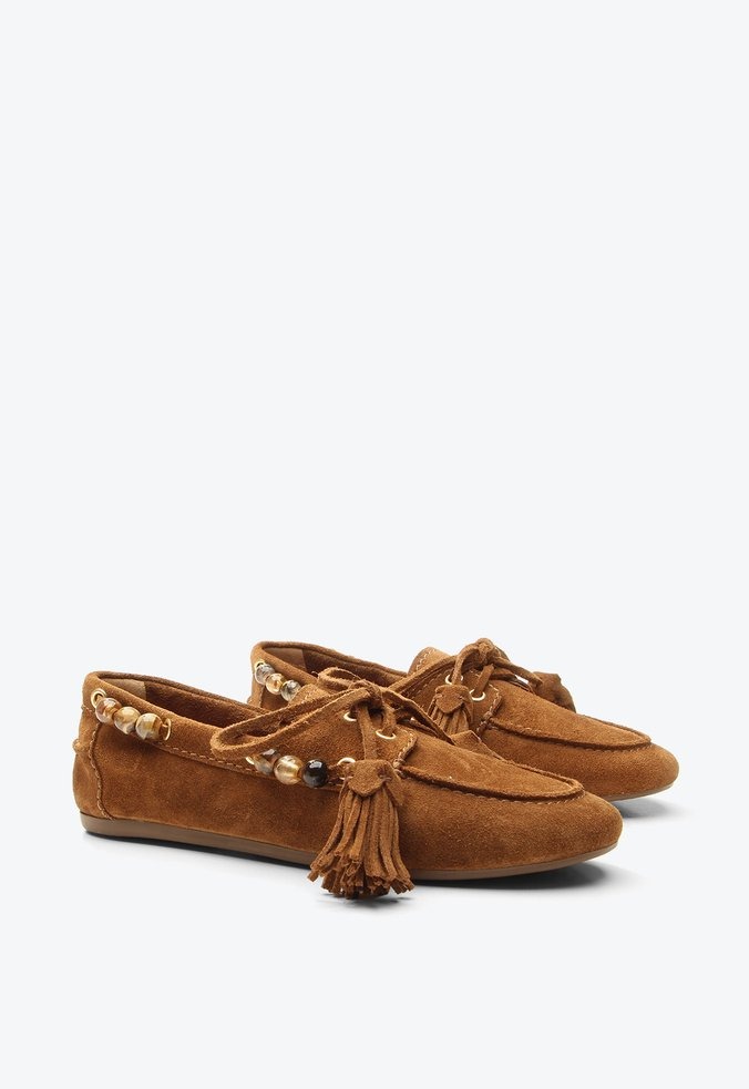 Mocassim Harper Camurça Franja Cadarço Vicenza Camel - Specchio