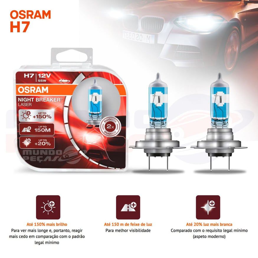 Lampada Osram Night Breaker Laser H7 Par 150% + Luz - Mundo peças