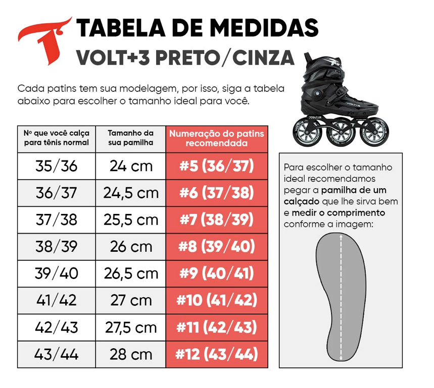 Tabela de medidas Patins Traxart Volt+ 3