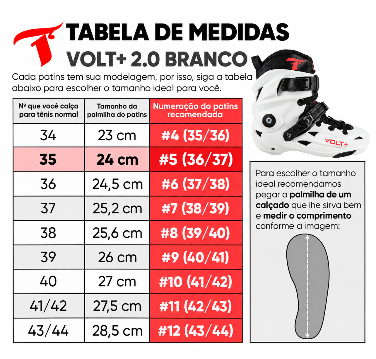 Tabela de medidas Traxart Volt+ 2.0 Branco - tamanho 36/37 BR - palmilha 24 cm