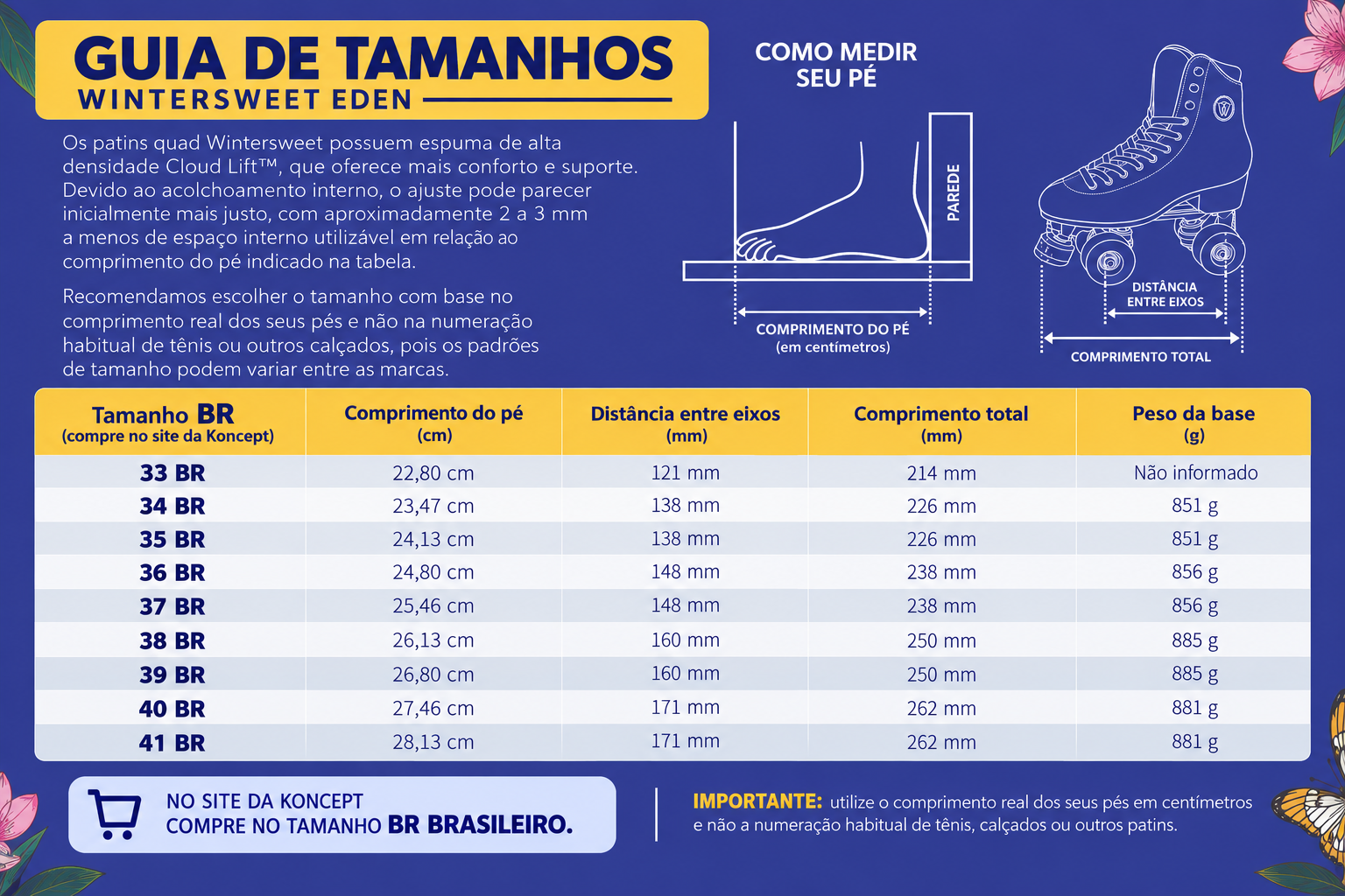 Guia de tamanhos dos patins Wintersweet em numeração brasileira