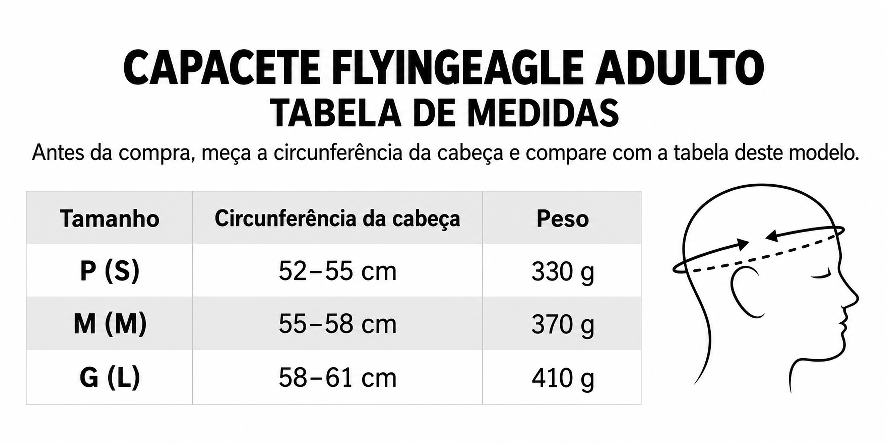Tabela de medidas do Capacete FlyingEagle Pro: P de 52 a 55 cm, M de 55 a 58 cm e G de 58 a 61 cm