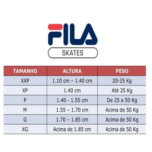 Tabela de referências de altura e peso para escolha do tamanho do Kit de Proteção Fila Gears FP Adulto
