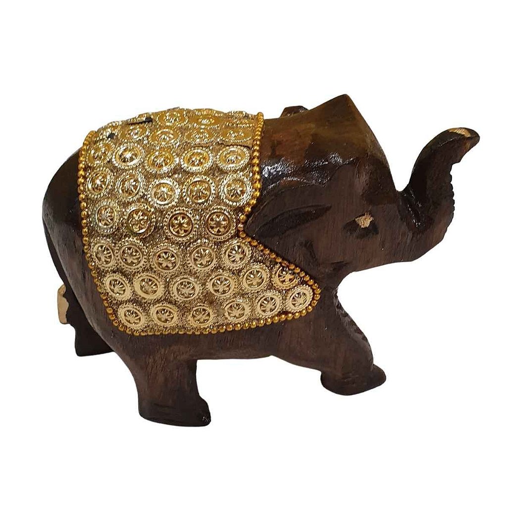 Elefante Indiano Madeira com Dourado (Modelo 2) 15cm - Balisun