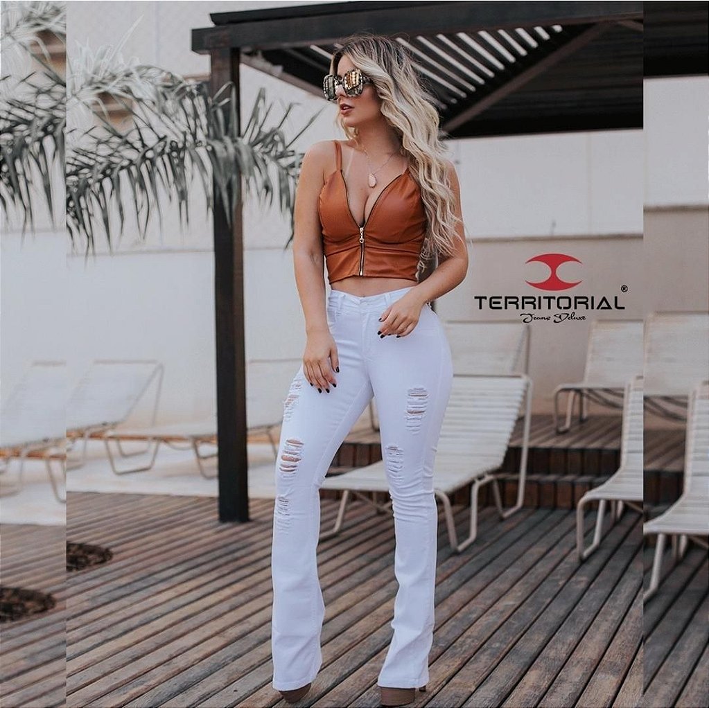 calca flare branca destroyed