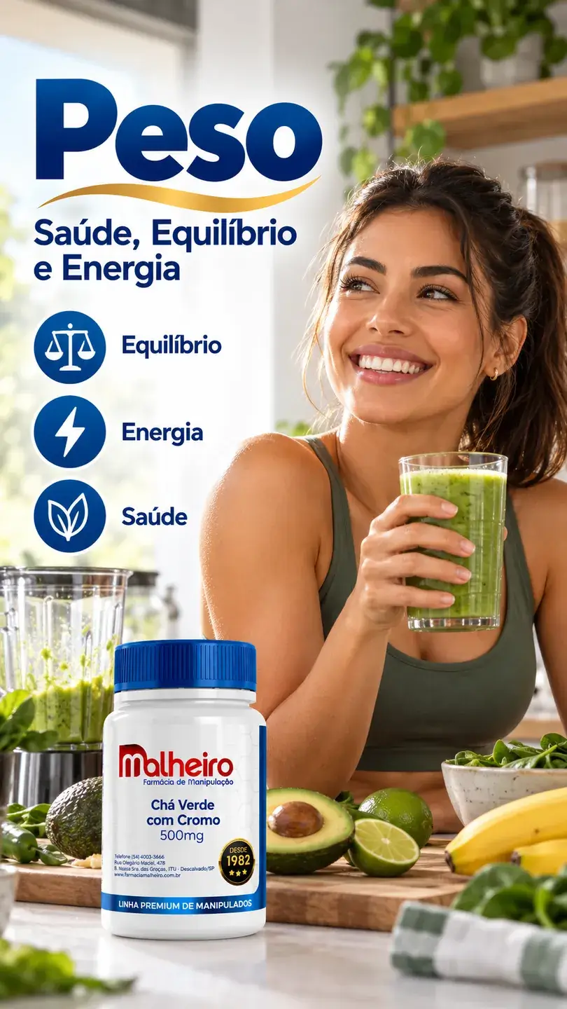 Mulher sorrindo com vitamina verde e alimentos frescos