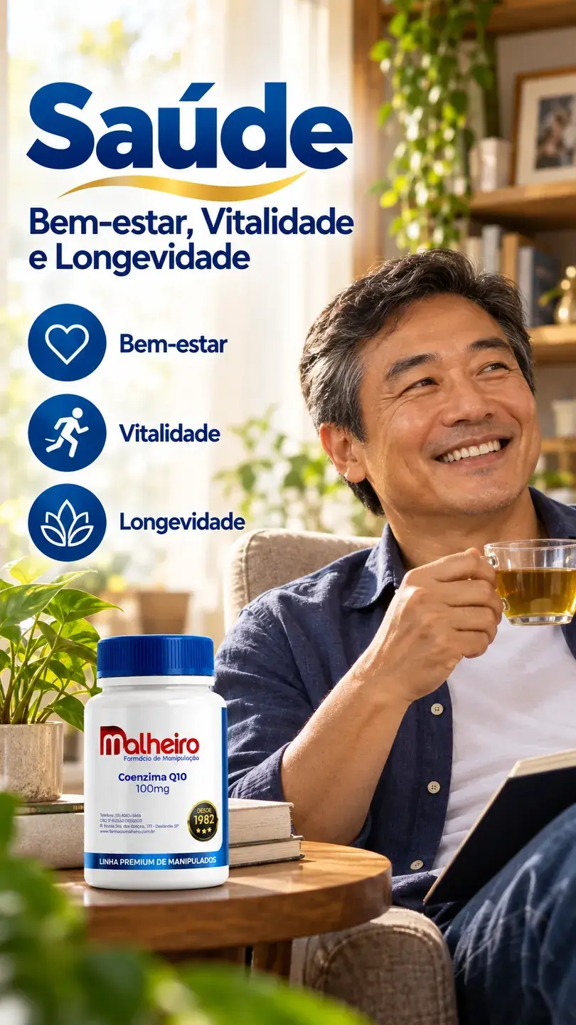 Homem sorrindo em ambiente acolhedor com chá e suplemento
