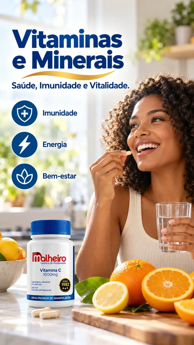 Mulher sorrindo em cozinha iluminada com vitaminas e frutas cítricas
