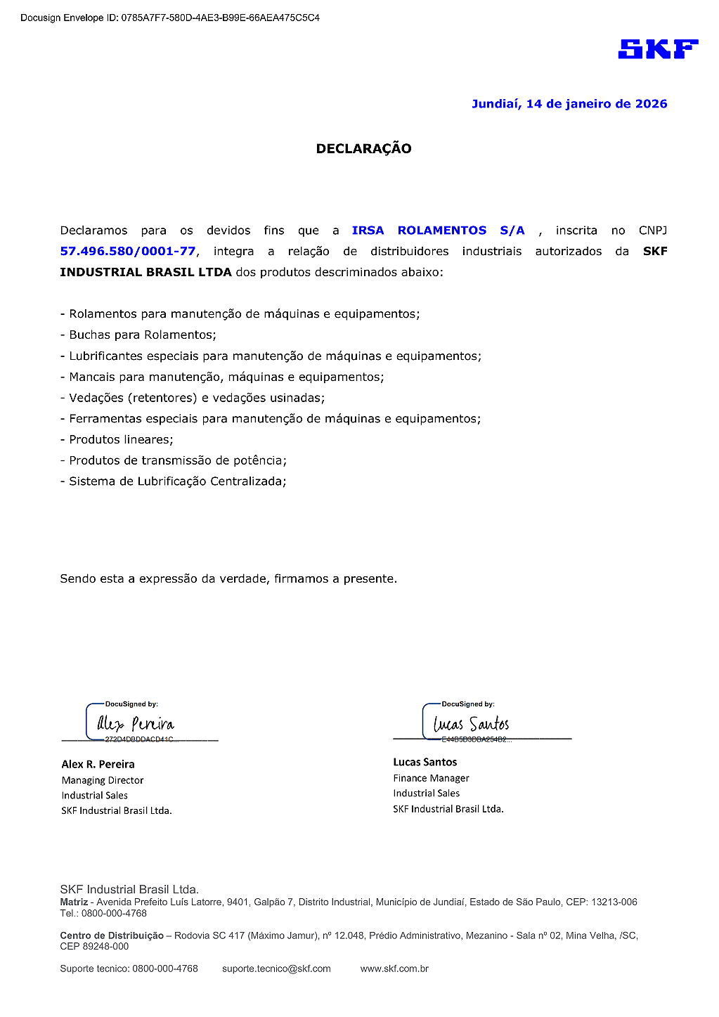 CERTIFICADO DE DISTRIBUIÇÃO SKF