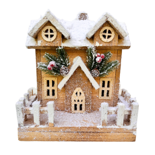 Casa De Madeira Nevada Cerca C/Led 2AA 1un 26cm Natal Cromus