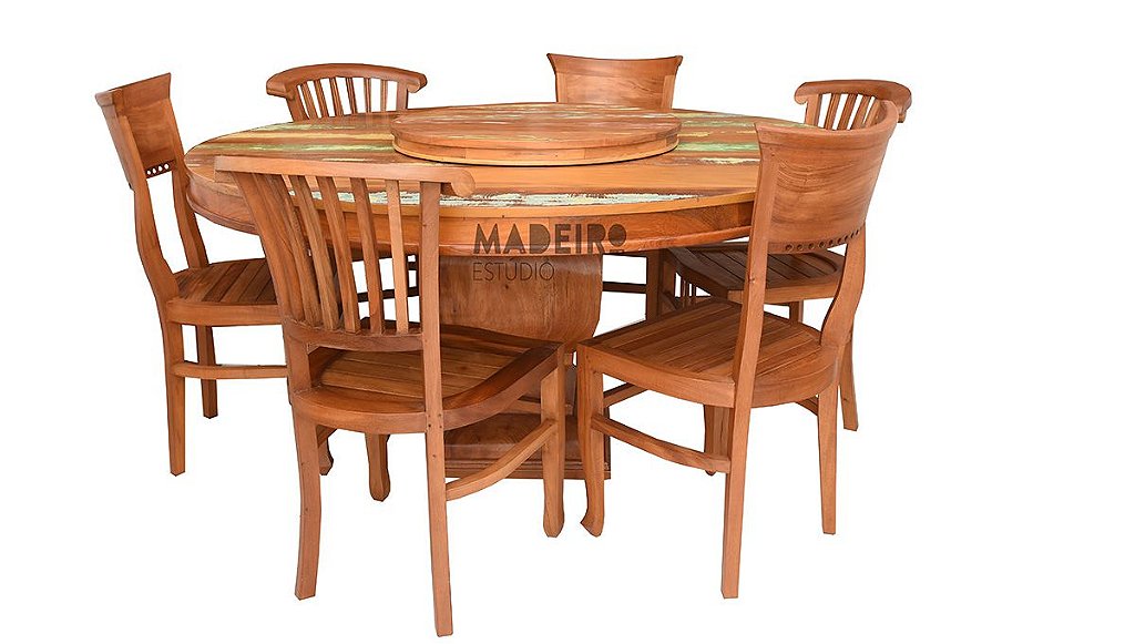 Jogo de Mesa Redonda com 6 Cadeiras - Móveis Madeiro - Em madeira de  demolição, mesas, cadeiras, armários, banquetas