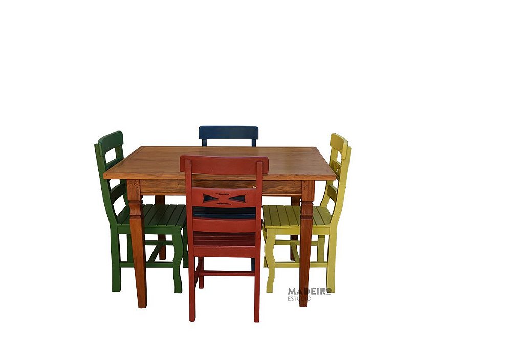 Jogo de mesa com cadeiras coloridas - Móveis Madeiro - Em madeira de  demolição, mesas, cadeiras, armários, banquetas