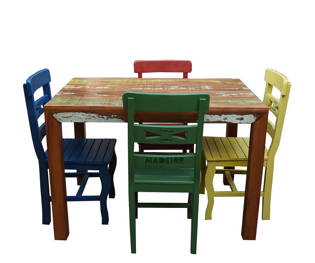 Jogo de Mesa com cadeiras Coloridas - Móveis Madeiro - Em madeira de  demolição, mesas, cadeiras, armários, banquetas