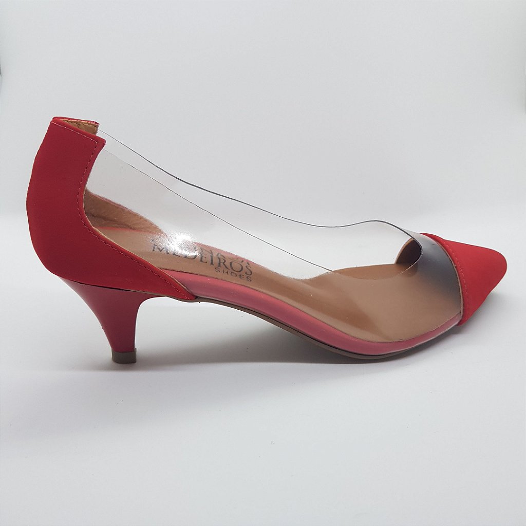 Scarpin salto 5 cm vinil transparente nobuck vermelho - Carina Medeiros  Shoes
