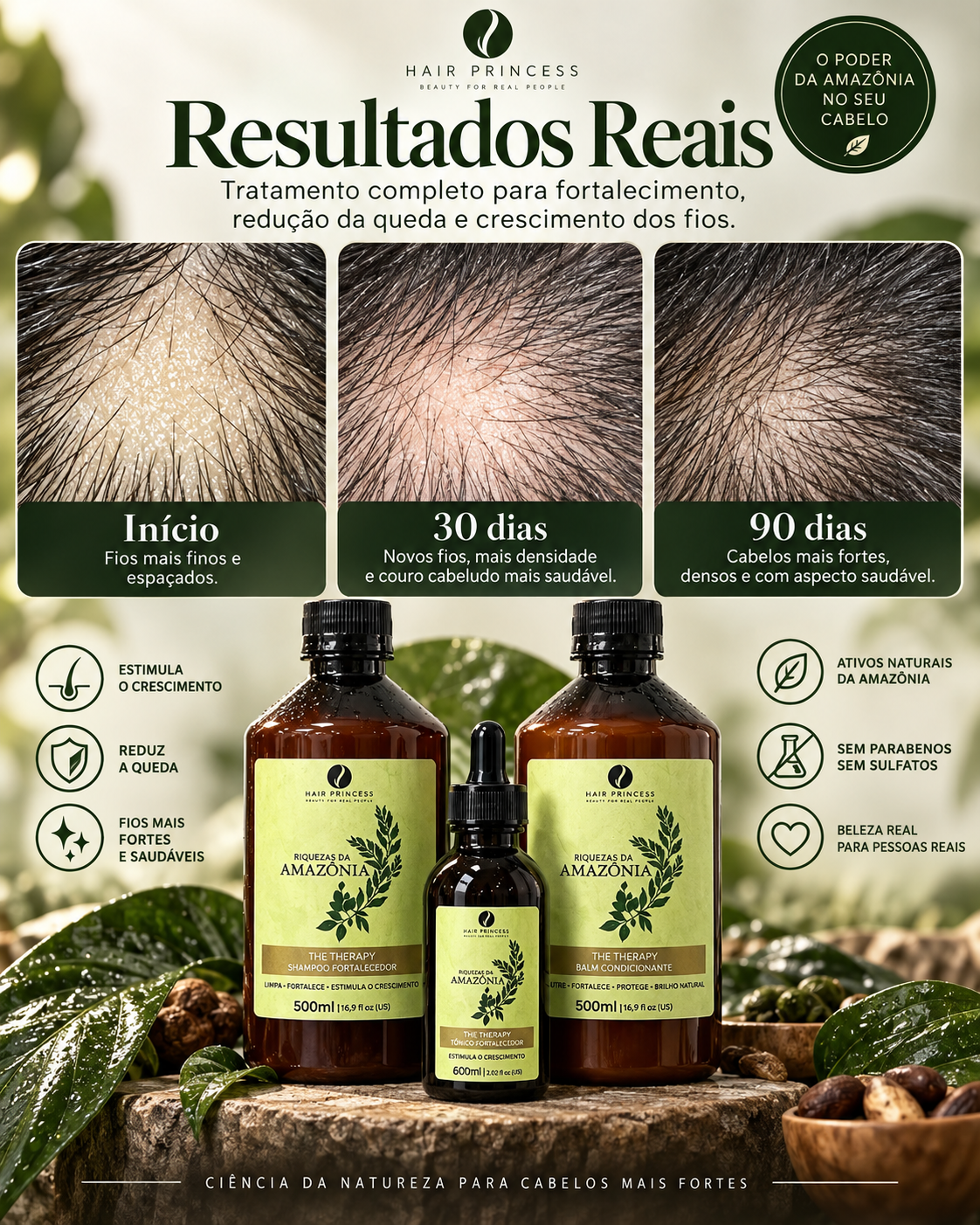 antes e depois de rotina para queda de cabelo, fortalecimento e crescimento capilar Hair Princess